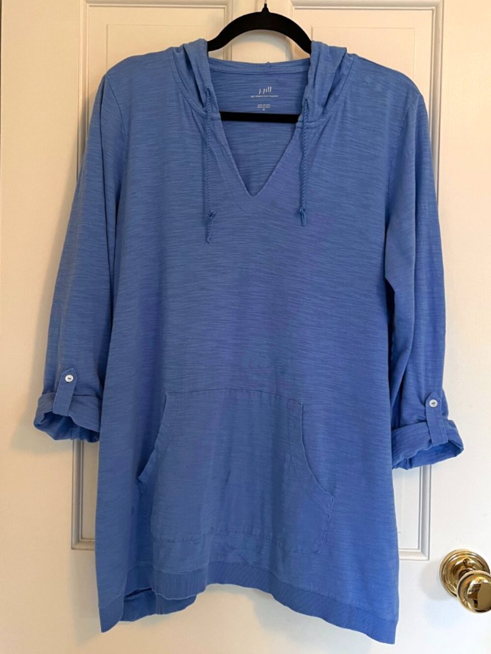 J. Jill Blue Lightweight Summer Hooded Pullover Roll Tab Sleeves Medium